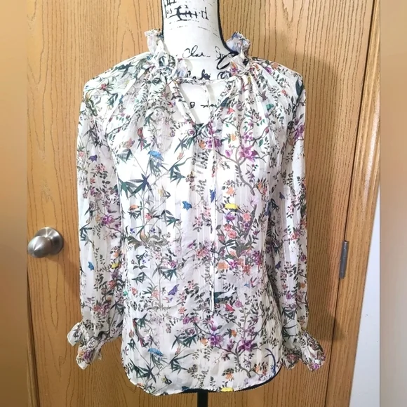 H&M Bird Floral Print Striped Sheer Ruffle Collar Top - Picture 1 of 3